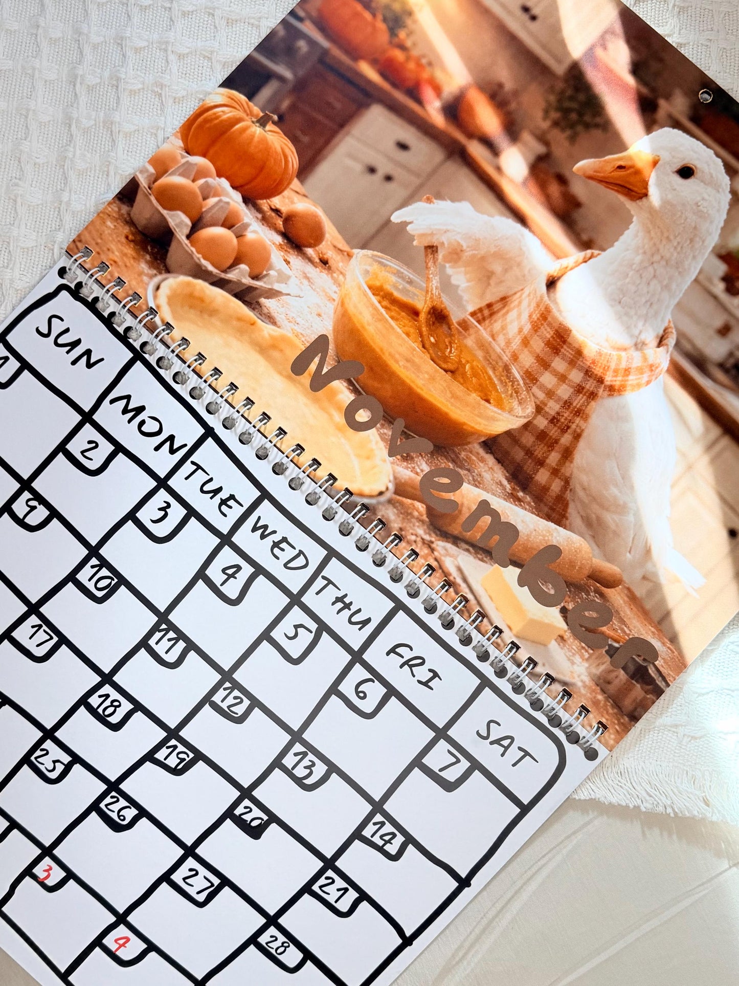 The shows the silly goose for November baking a pumpkin pie in his kitchen