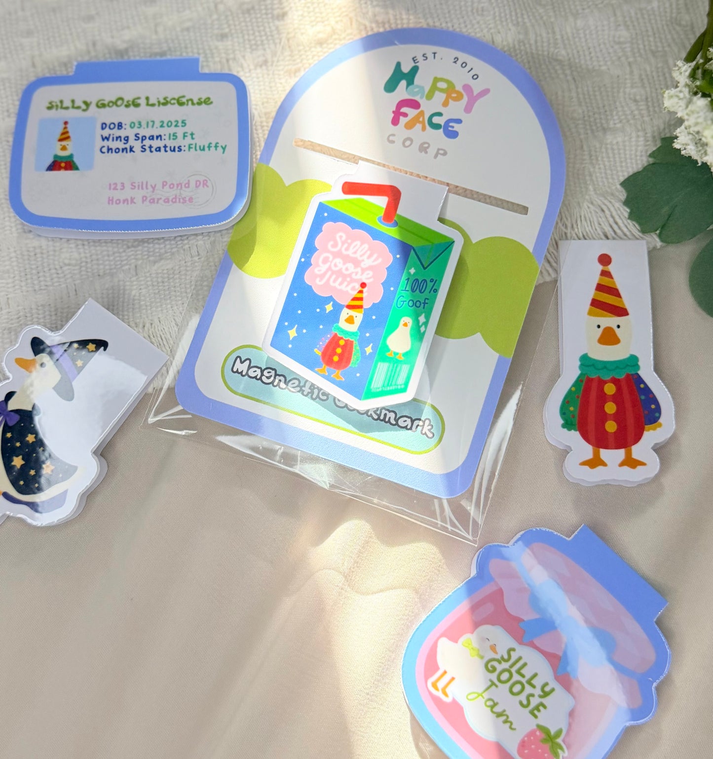 Closeup shot of silly goose magnetic bookmarks wearing different costumes