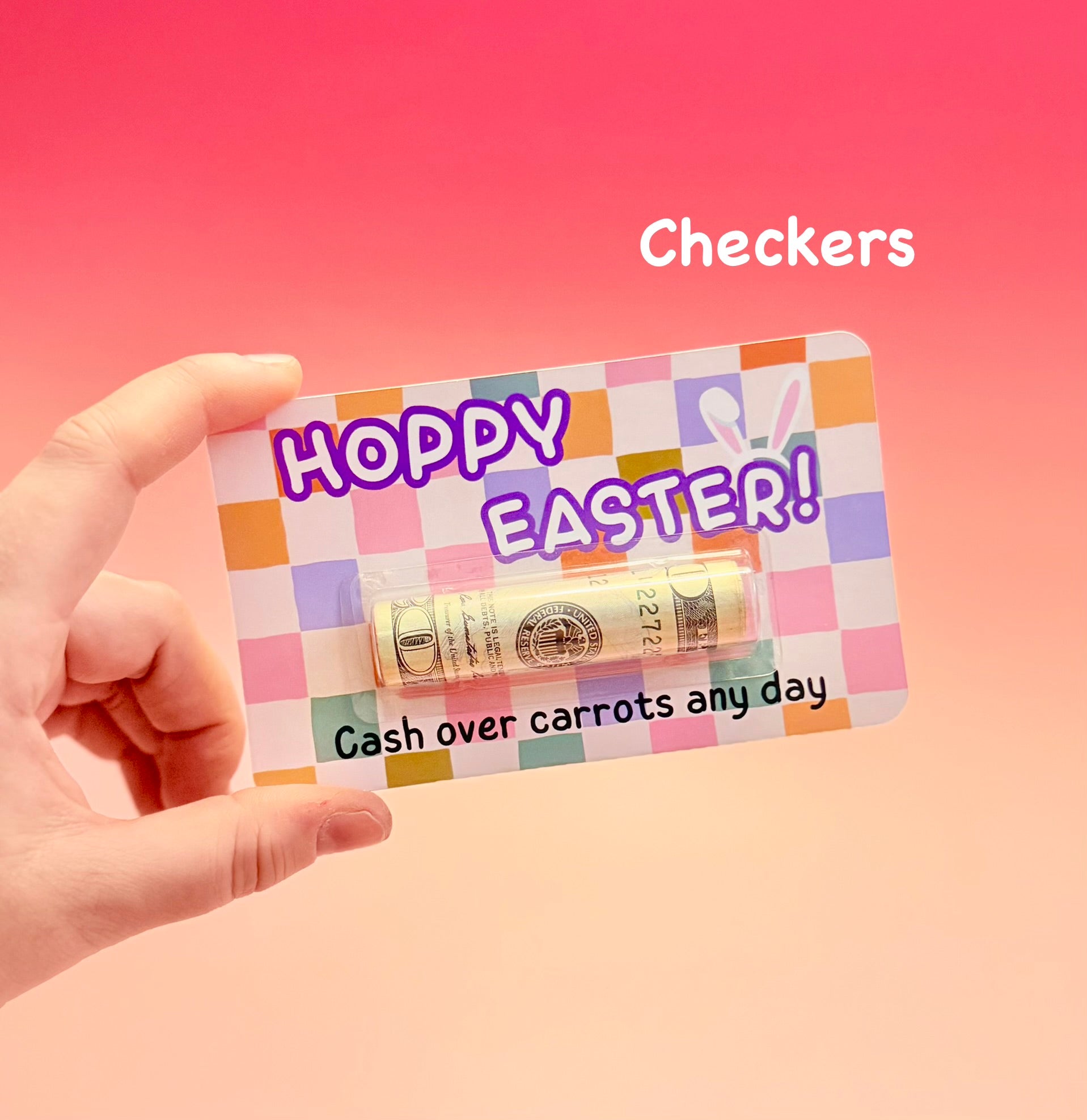 Checkers gift card with 'Happy Easter!' text on a pink background
