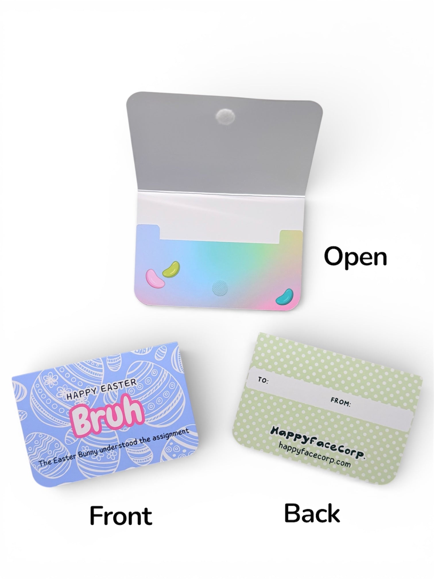 Product packaging with front and back and open views on a white background