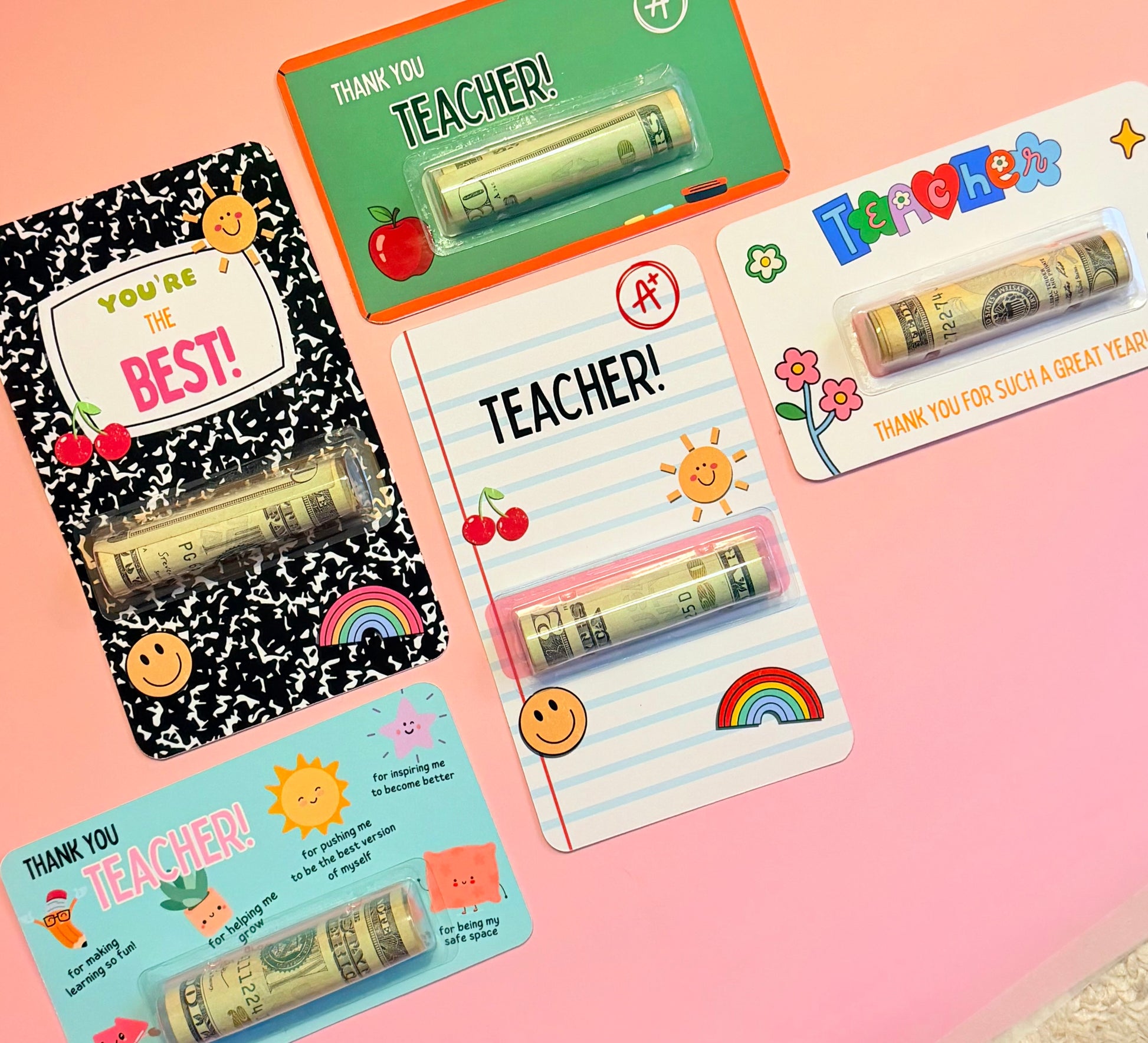 Set of colorful cards with money for teachers on a pink background