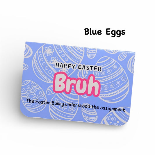 Blue Easter egg package with 'Happy Easter Bruh' text on a white background