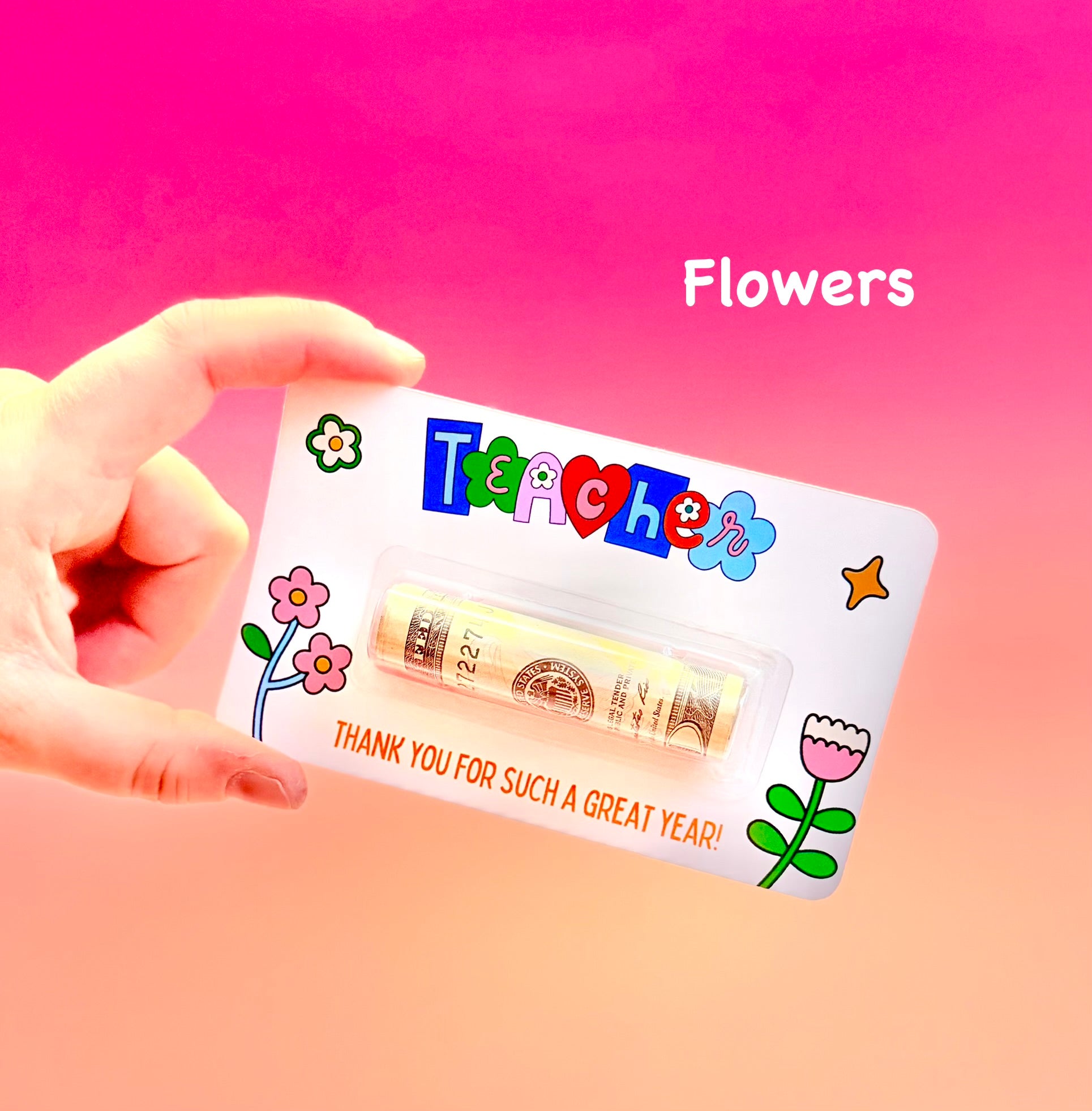 Card with 'Teachers' and flowers design held by a hand on a pink and orange gradient background.