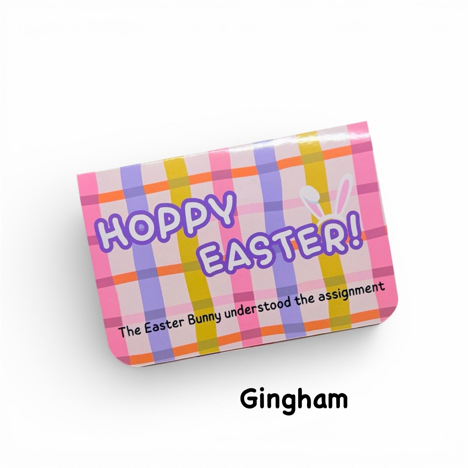 Gingham patterned card with 'Happy Easter!' text on a white background