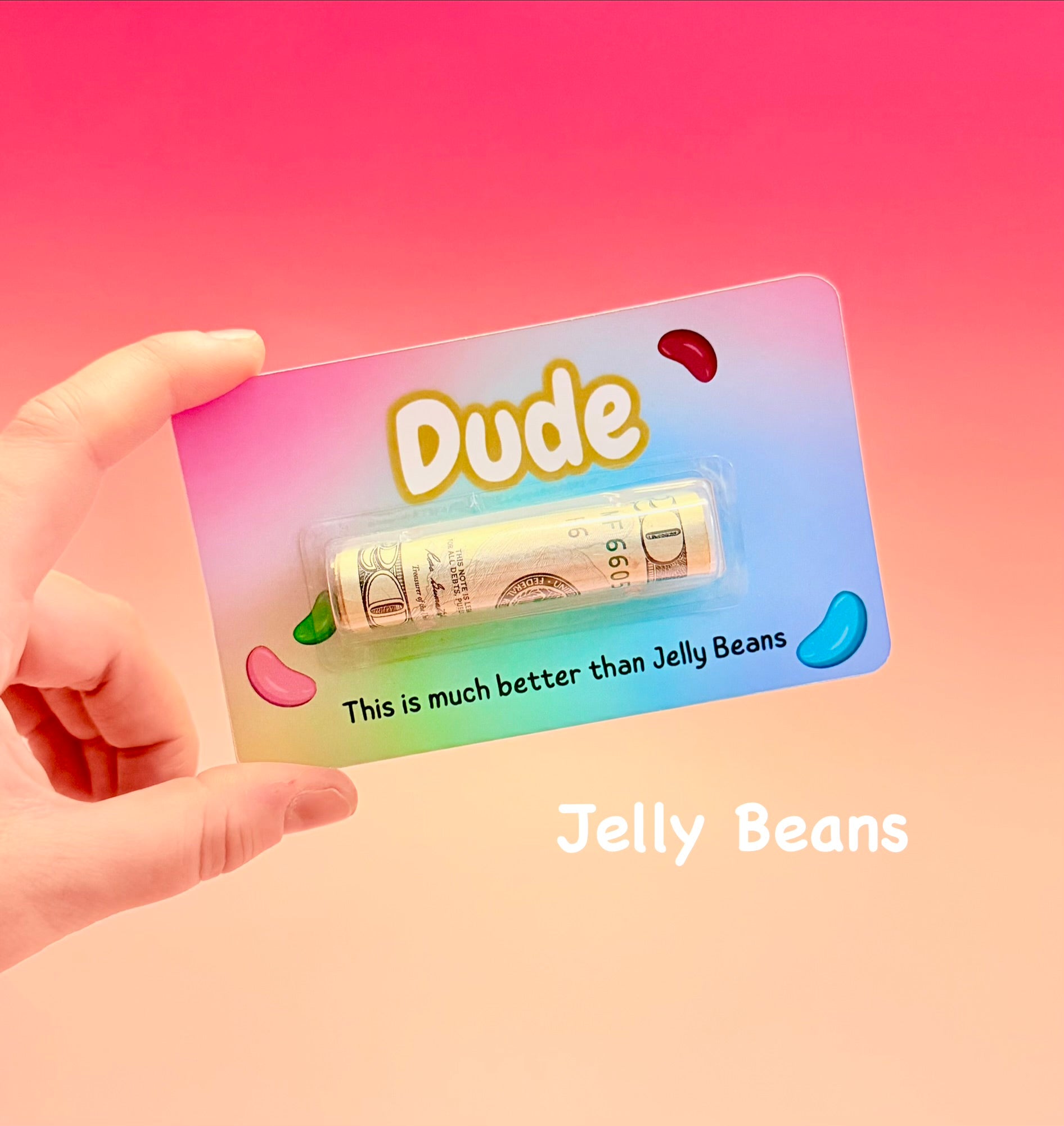 Hand holding a card with money and 'Dude' text on a gradient background