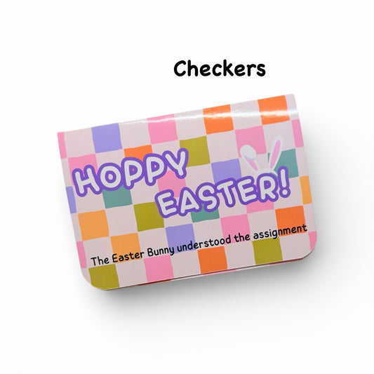 Checkers Easter-themed tin with colorful checkered pattern and 'Happy Easter!' text on a white background.