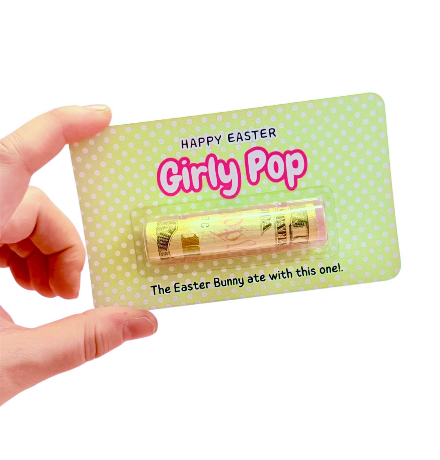 Hand holding a product labeled 'Happy Easter Girly Pop' on a light green card with white polka dots.
