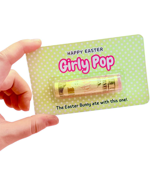 Hand holding a product labeled 'Happy Easter Girly Pop' on a light green card with white polka dots.