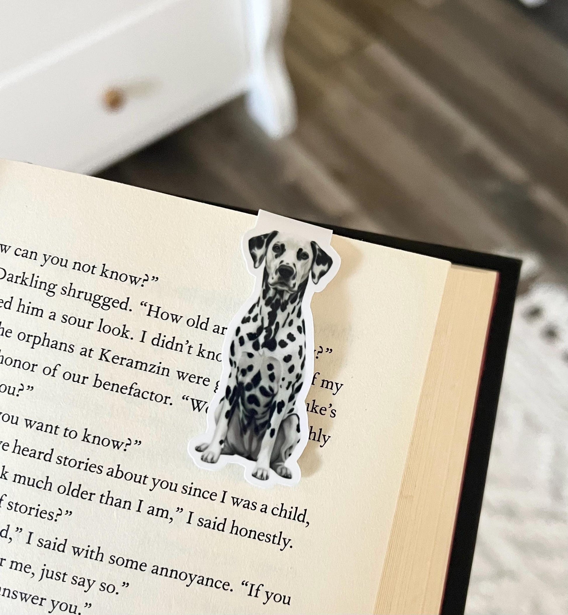 A magnetic bookmark of a semi realistic, cartoon style Dalmatian