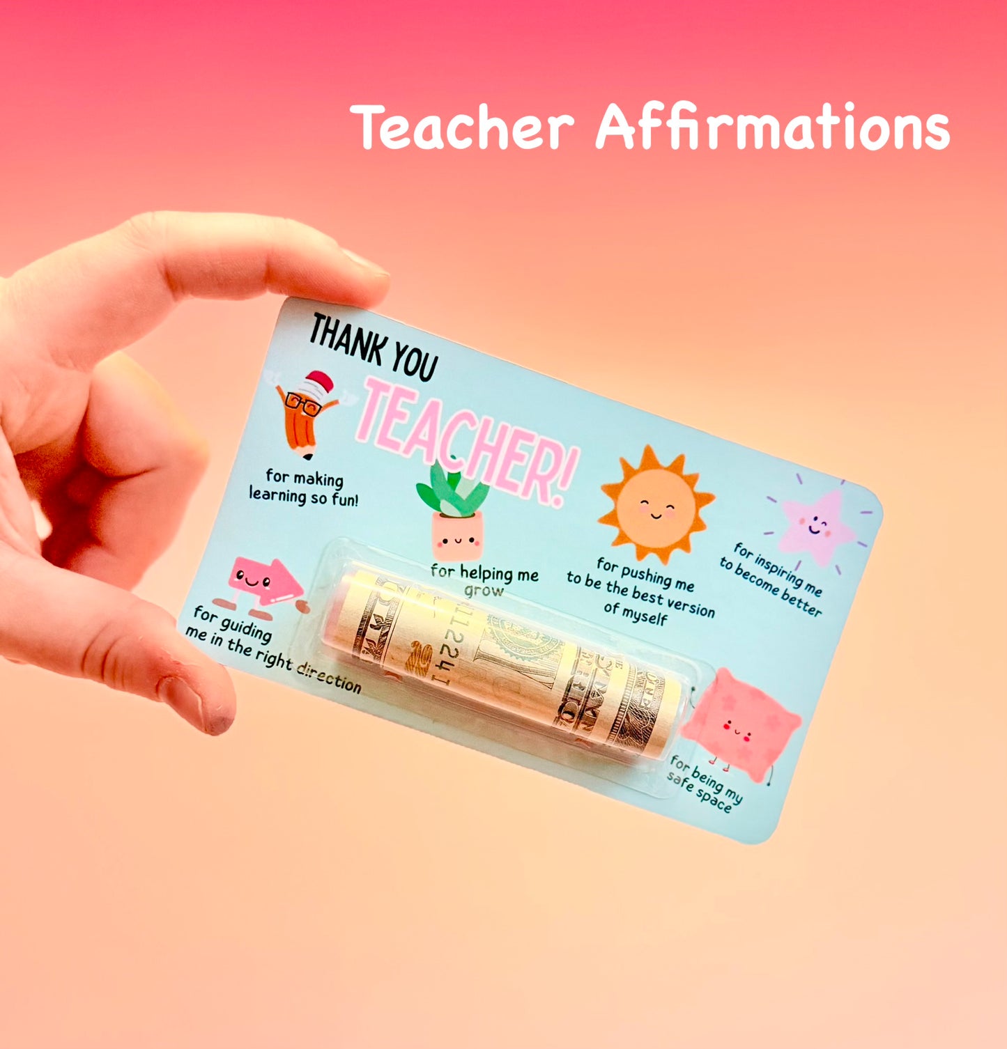 Hand holding a small tube of CASH with a 'Thank You Teacher' card on a pink background