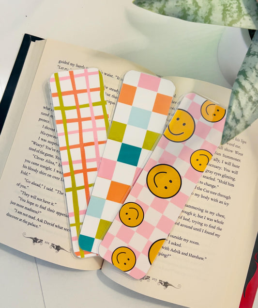 Retro Checkered Smiling Faces Bookmark