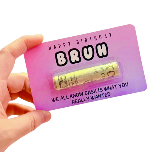 Hand holding a card with cash and humorous text on a white background