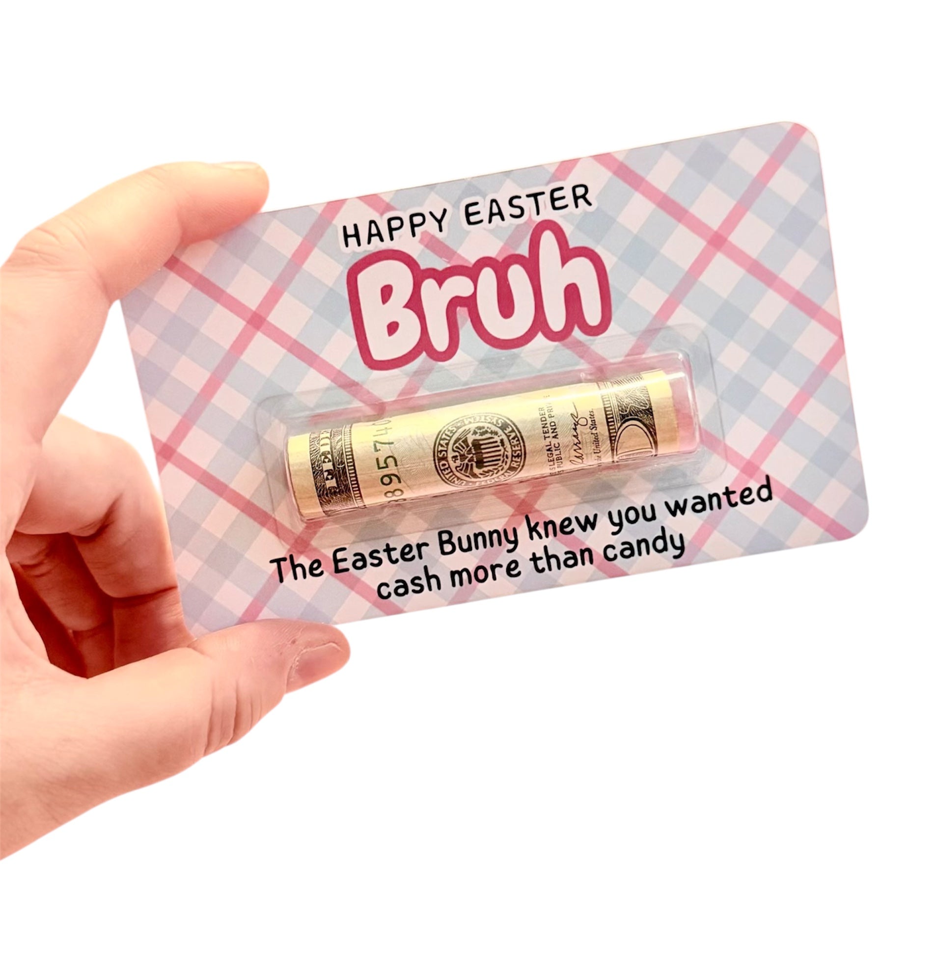 Card with dollar bill and 'Happy Easter Bruh' text on a checkered background