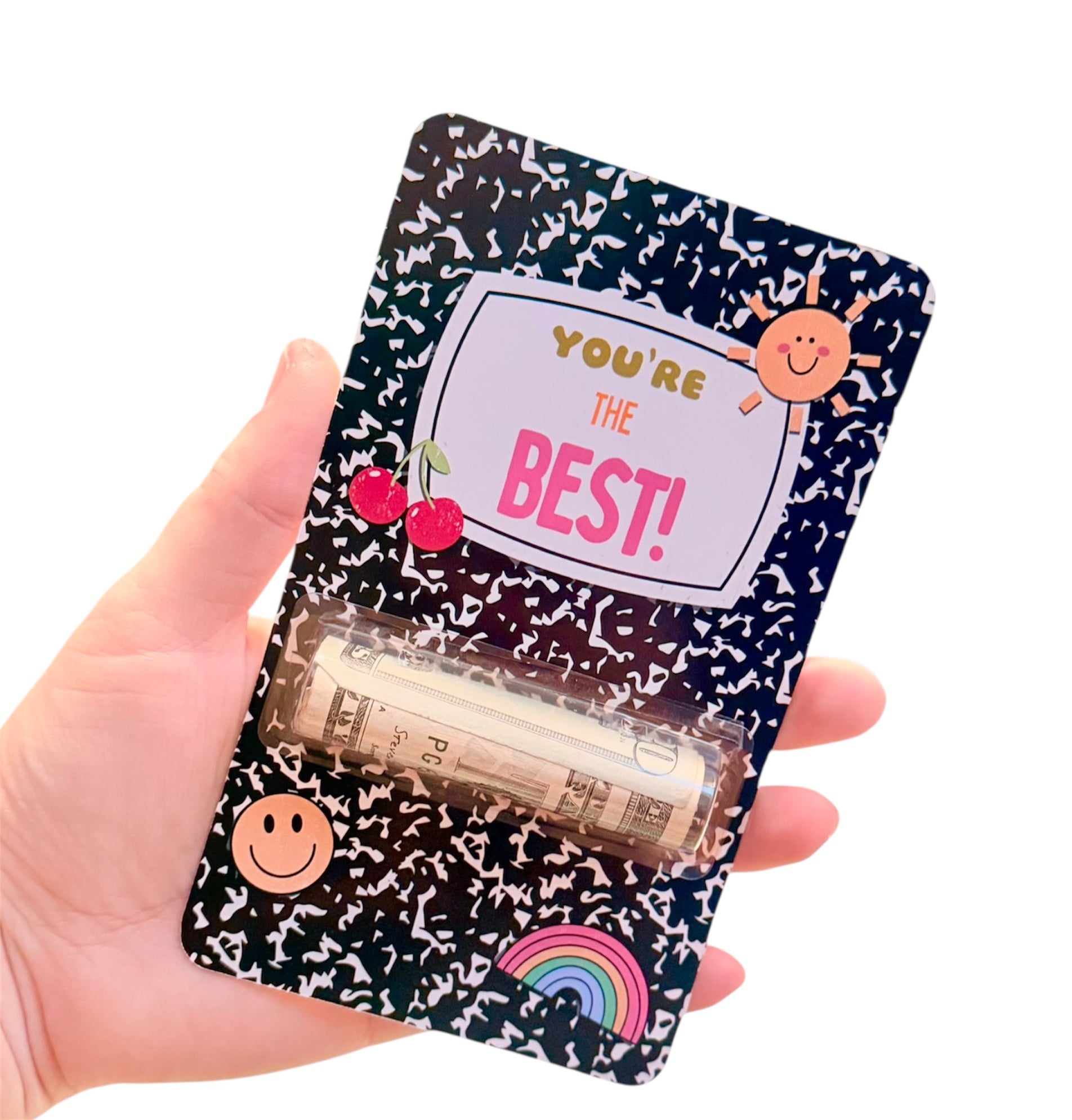 Hand holding a small gift bag with 'You're the Best!' text and colorful designs.