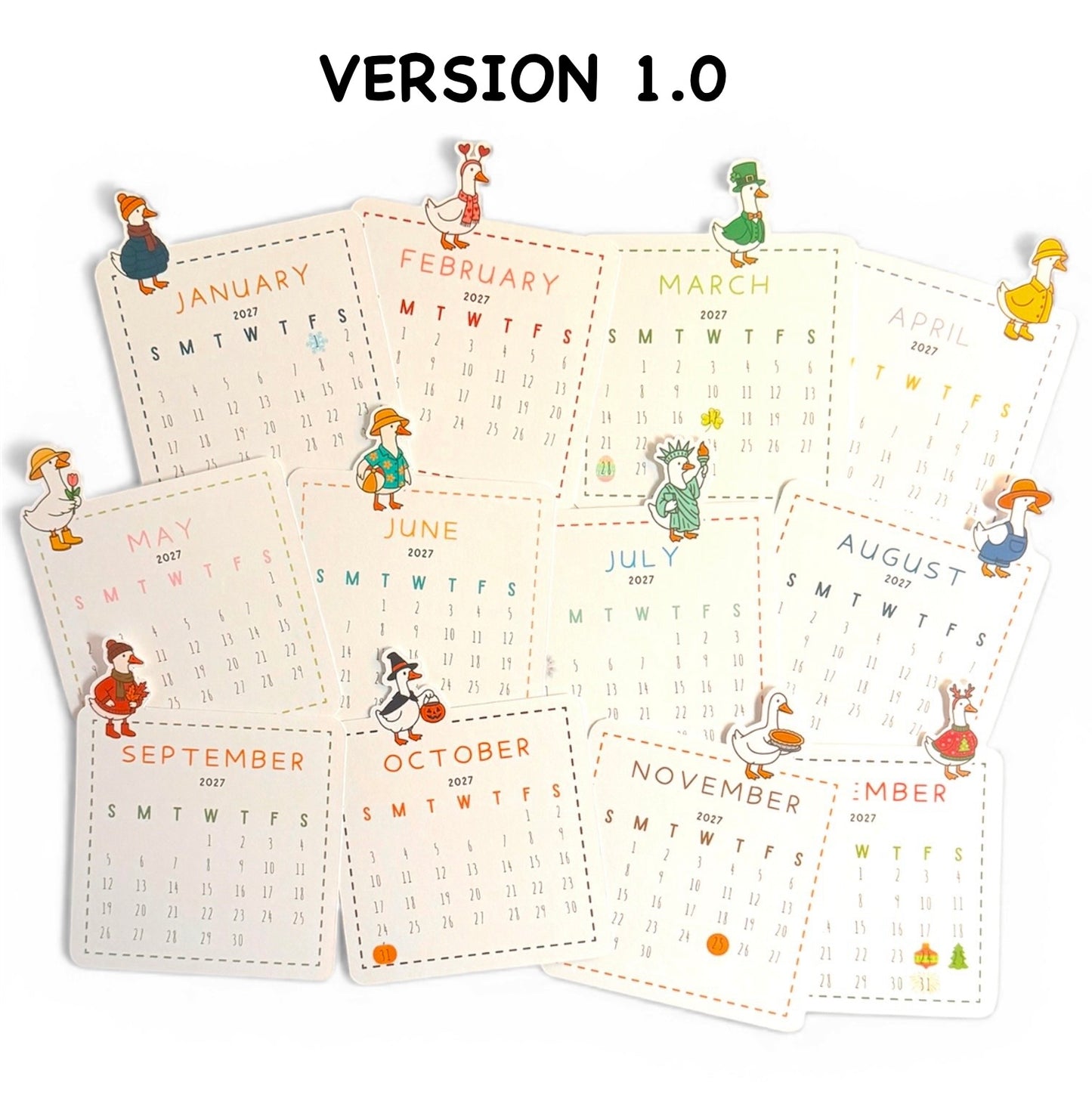 Set of twelve calendar pages with cartoon characters for each month, version 1.0.