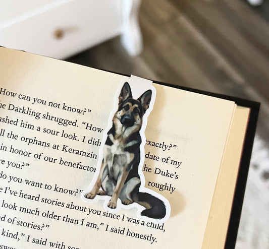 A magnetic bookmark of a semi realistic, cartoon style German Shepherd