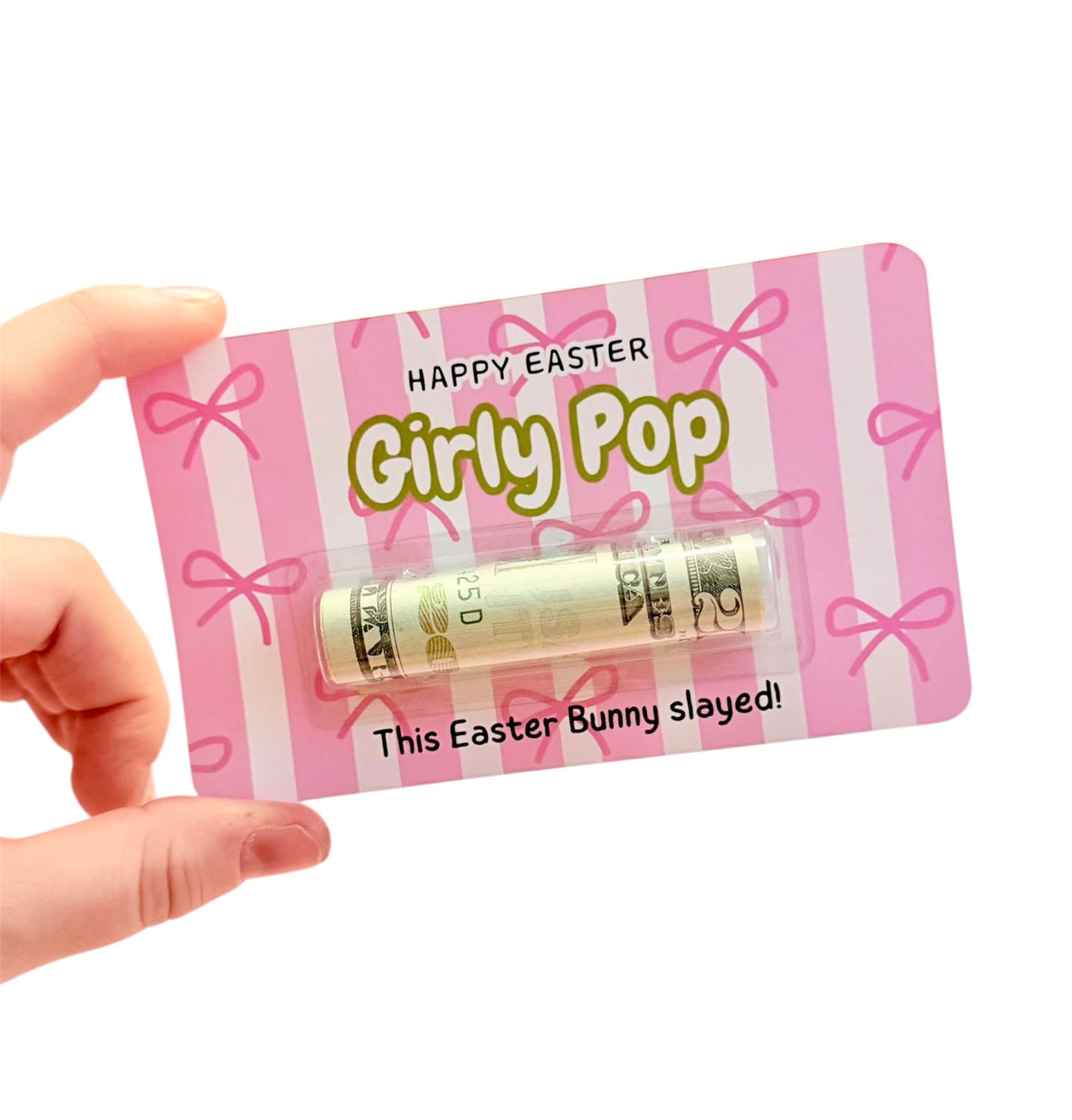 Product with 'Happy Easter Girly Pop' packaging held by a hand on a white background