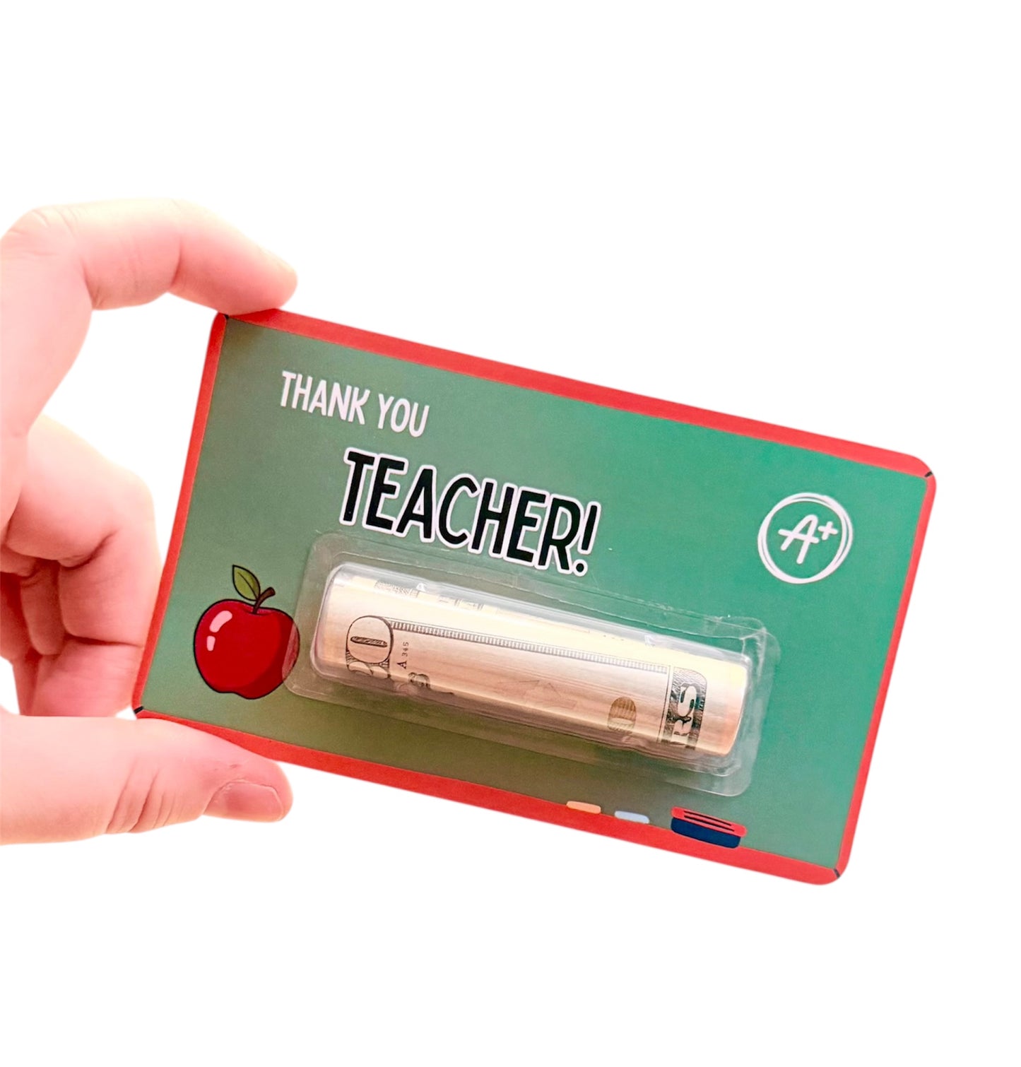 Card with a pen and 'Thank you Teacher!' text, held by a hand on a white background