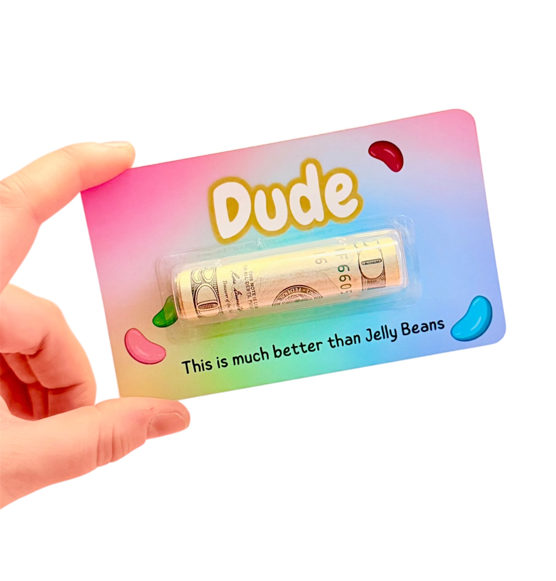 Hand holding a candy package labeled 'Dude' with text on a white background