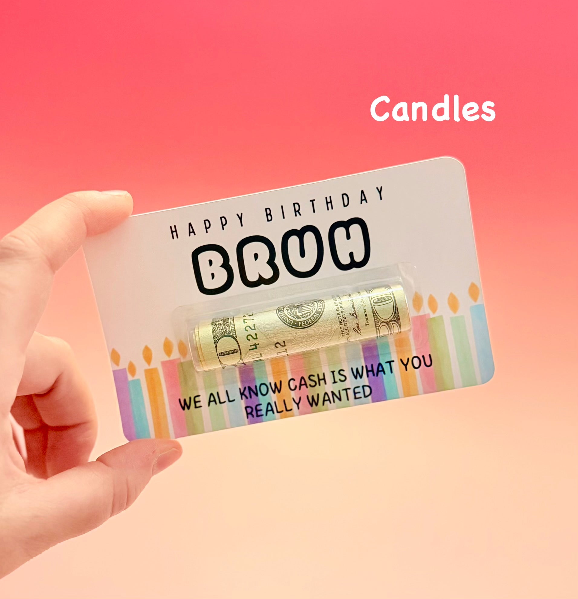Gift card with cash roll and birthday-themed text on a pink background