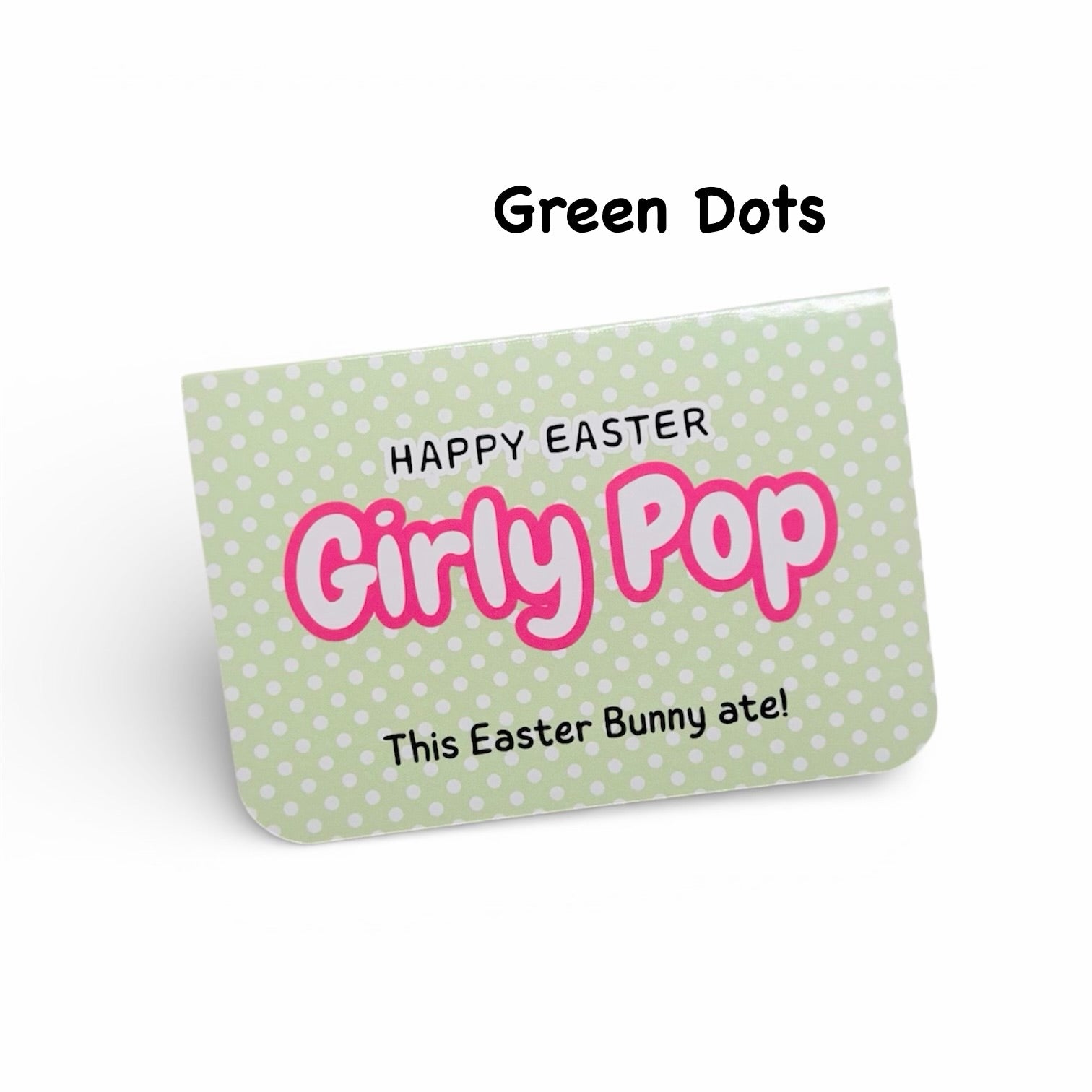 Green polka dot pouch with 'Happy Easter Girly Pop' text on a white background
