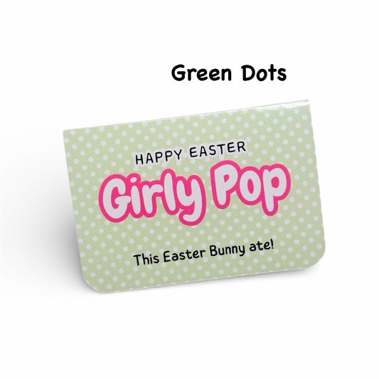 Green polka dot pouch with 'Happy Easter Girly Pop' text on a white background