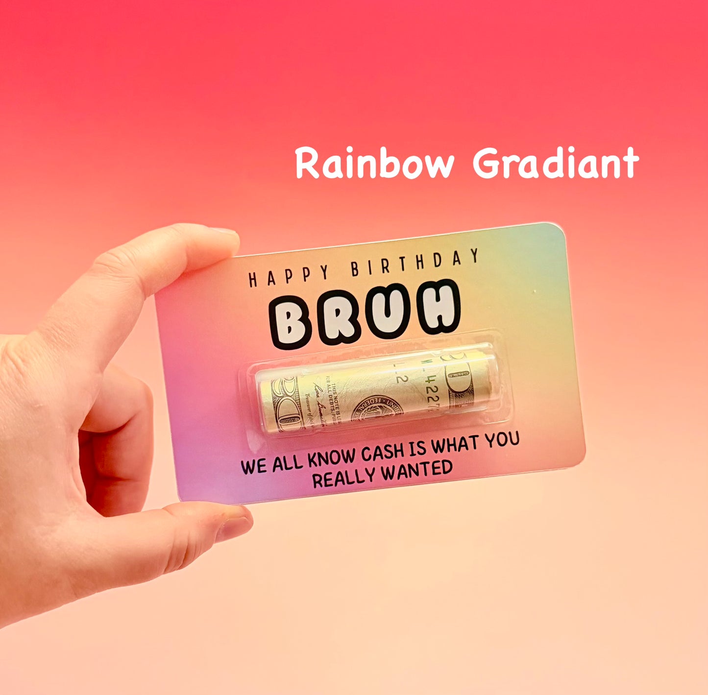 Hand holding a card with money and text on a rainbow gradient background