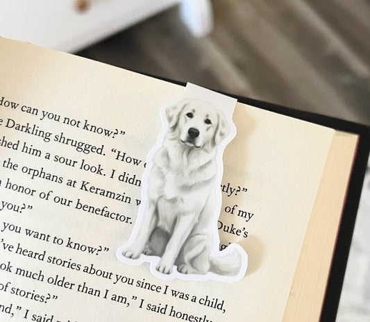 Magnetic bookmark of a semi realistic, cartoon style great Pyrenees dog white