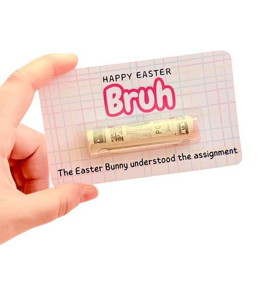Hand holding a card with 'Happy Easter Bruh' text on a white background