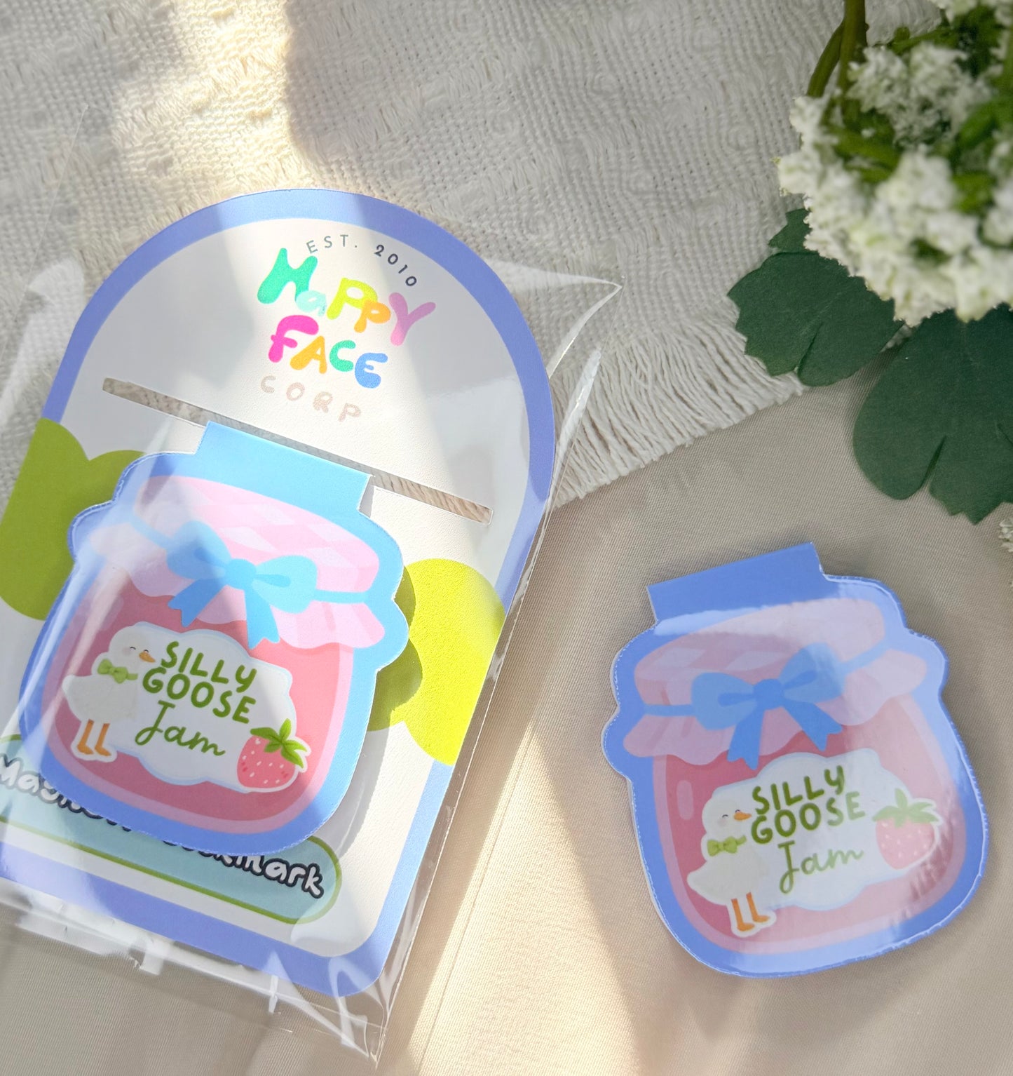 silly goose magnetic bookmark of pink jam jar