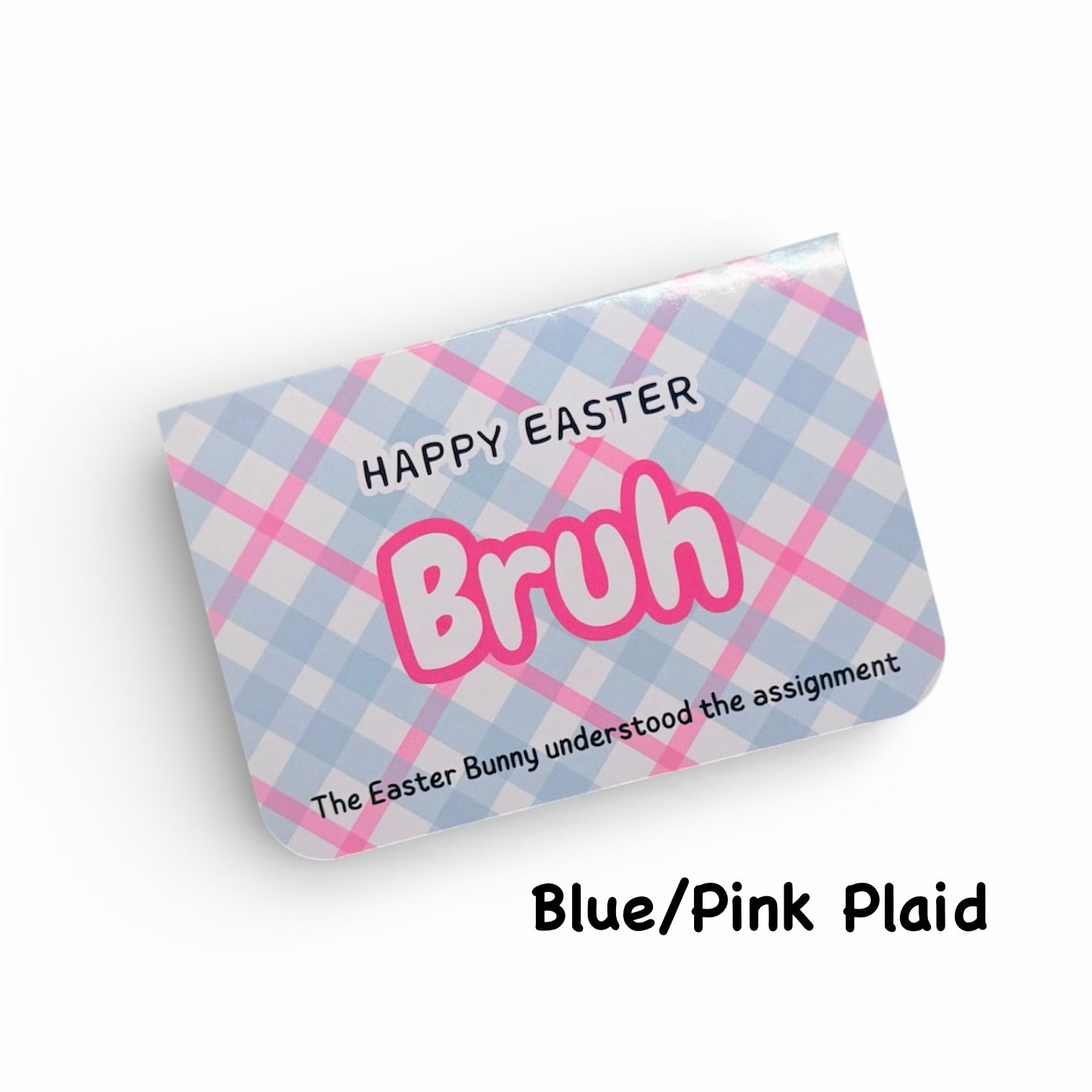 Blue and pink plaid pouch with 'Happy Easter Bruh' text on a white background