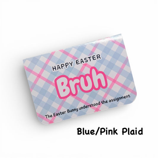 Blue and pink plaid pouch with 'Happy Easter Bruh' text on a white background