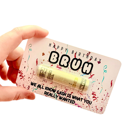 Gift card with 'Happy Birthday Bruh' text and money design, held by a hand.
