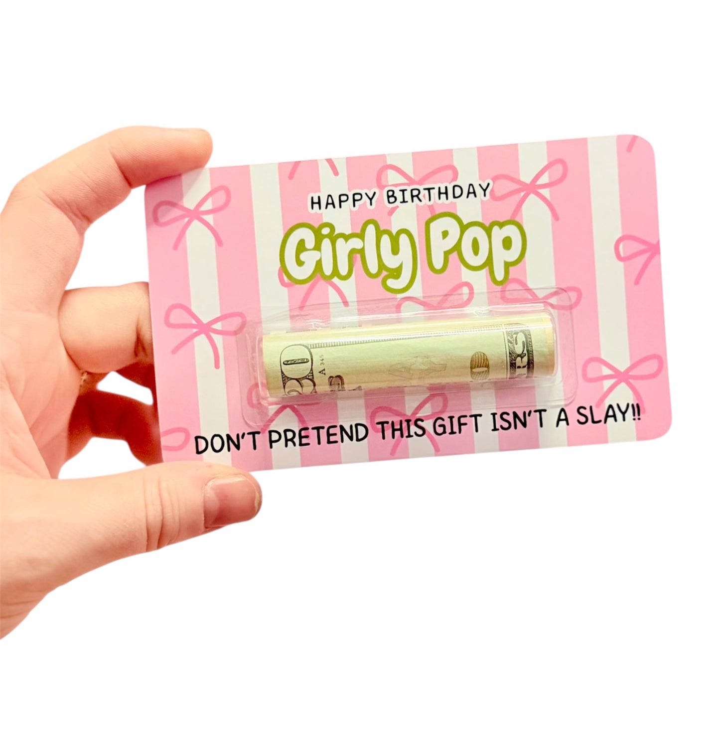 Hand holding a 'Happy Birthday Girly Pop' gift with a pink bow design.