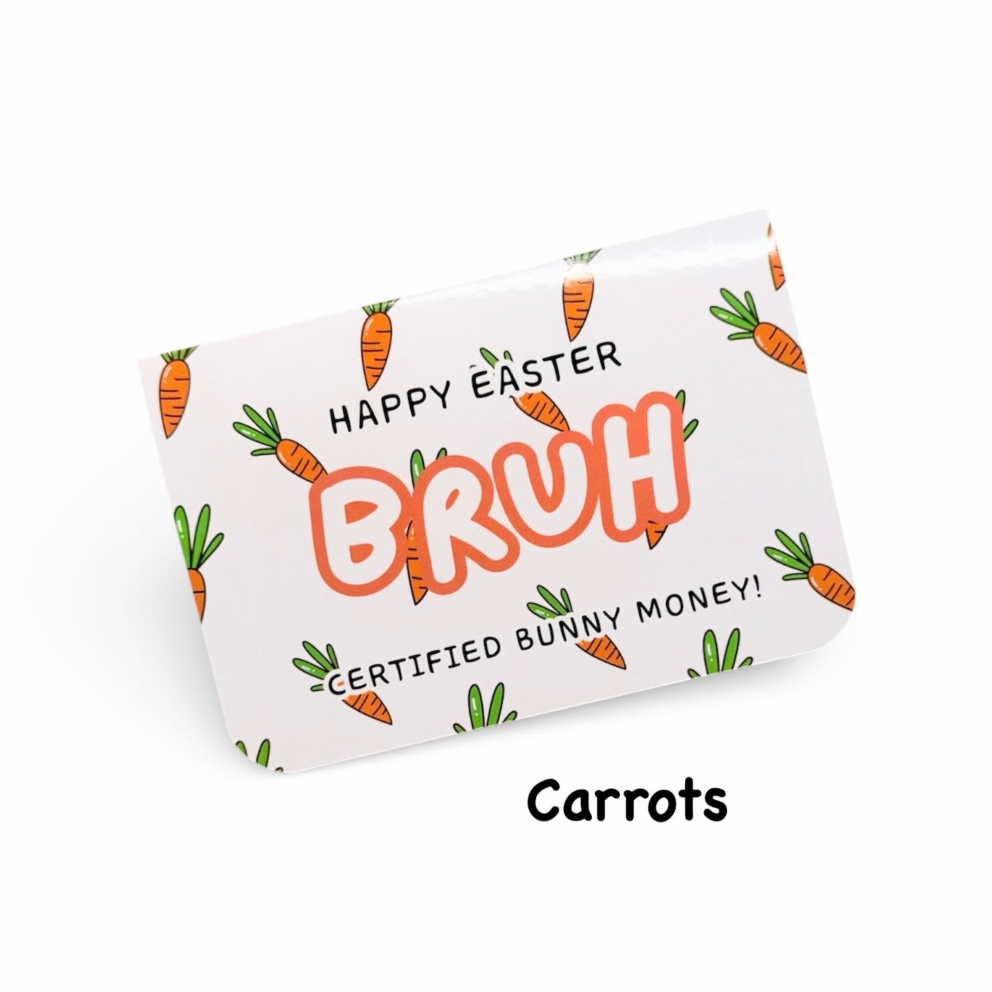 Easter-themed card with carrot designs and text on a white background