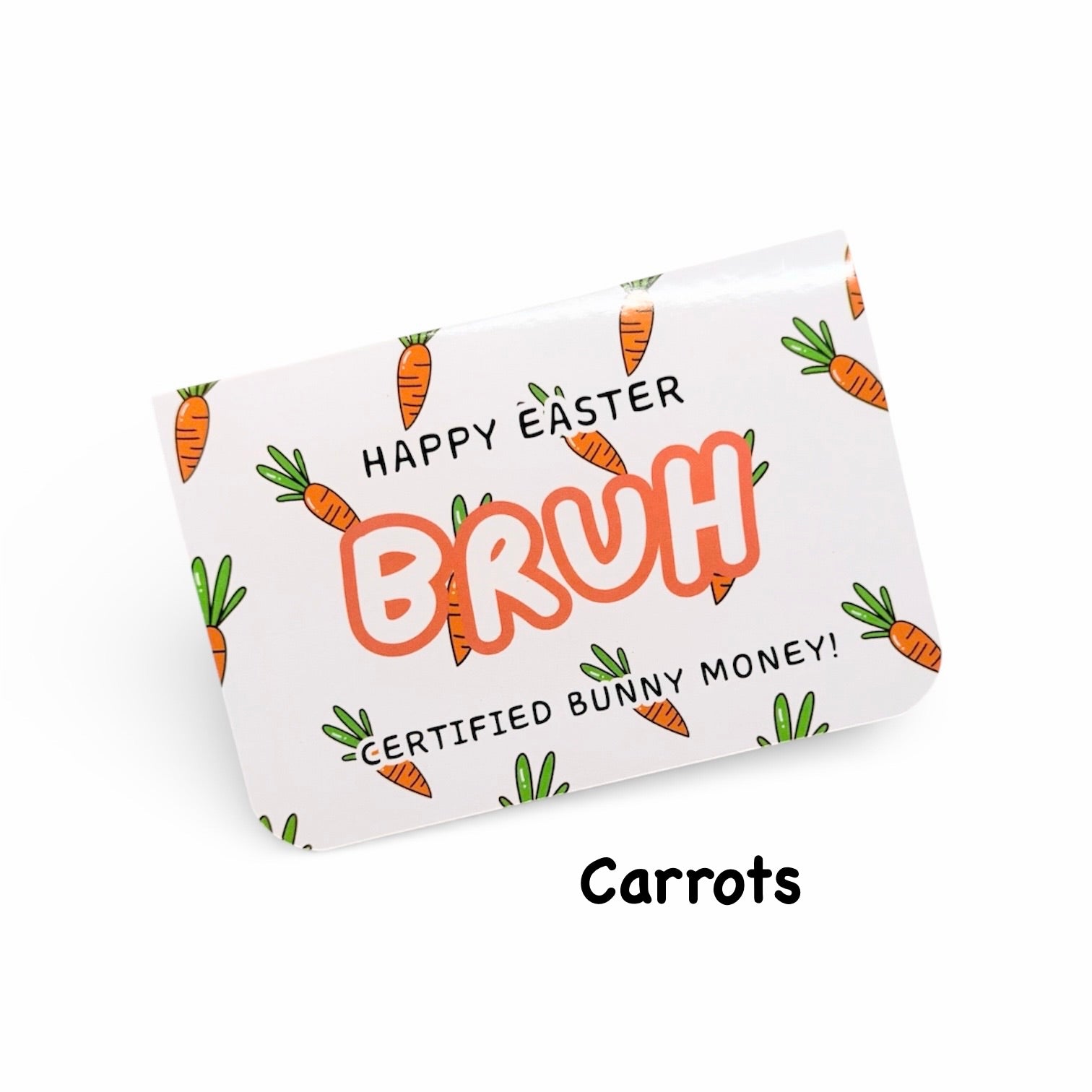 Easter-themed card with carrot designs and text on a white background