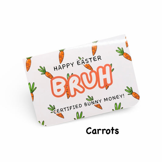 Easter-themed card with carrot designs and text on a white background