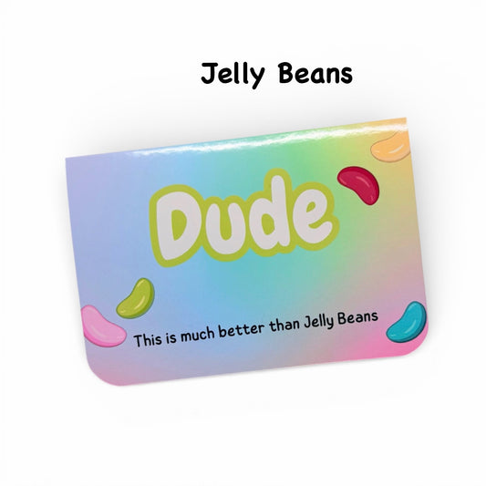 Colorful pouch with 'Dude' text and jelly bean graphics on a white background