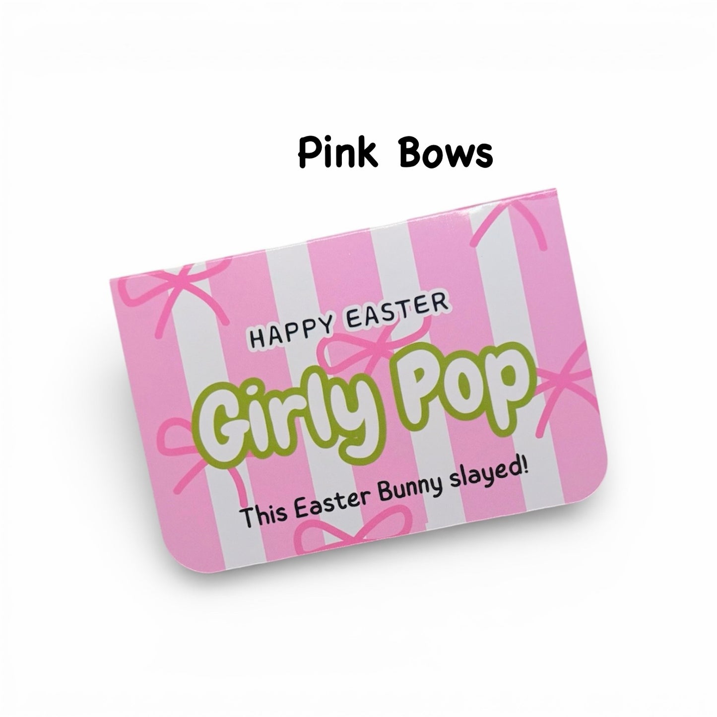 Pink and white striped Easter candy package with text on a white background