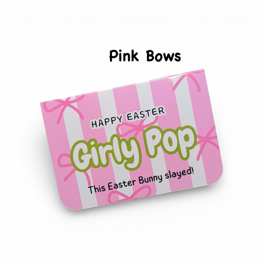 Pink and white striped Easter candy package with text on a white background