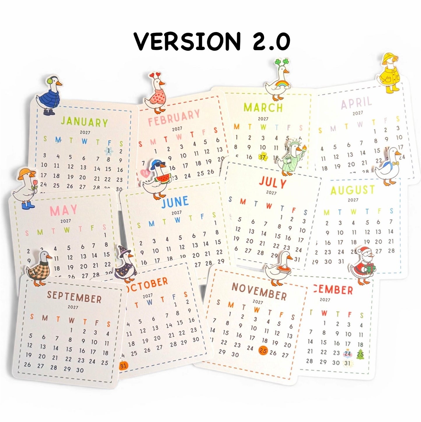Calendar with cartoon characters for each month, labeled 'Version 2.0'.