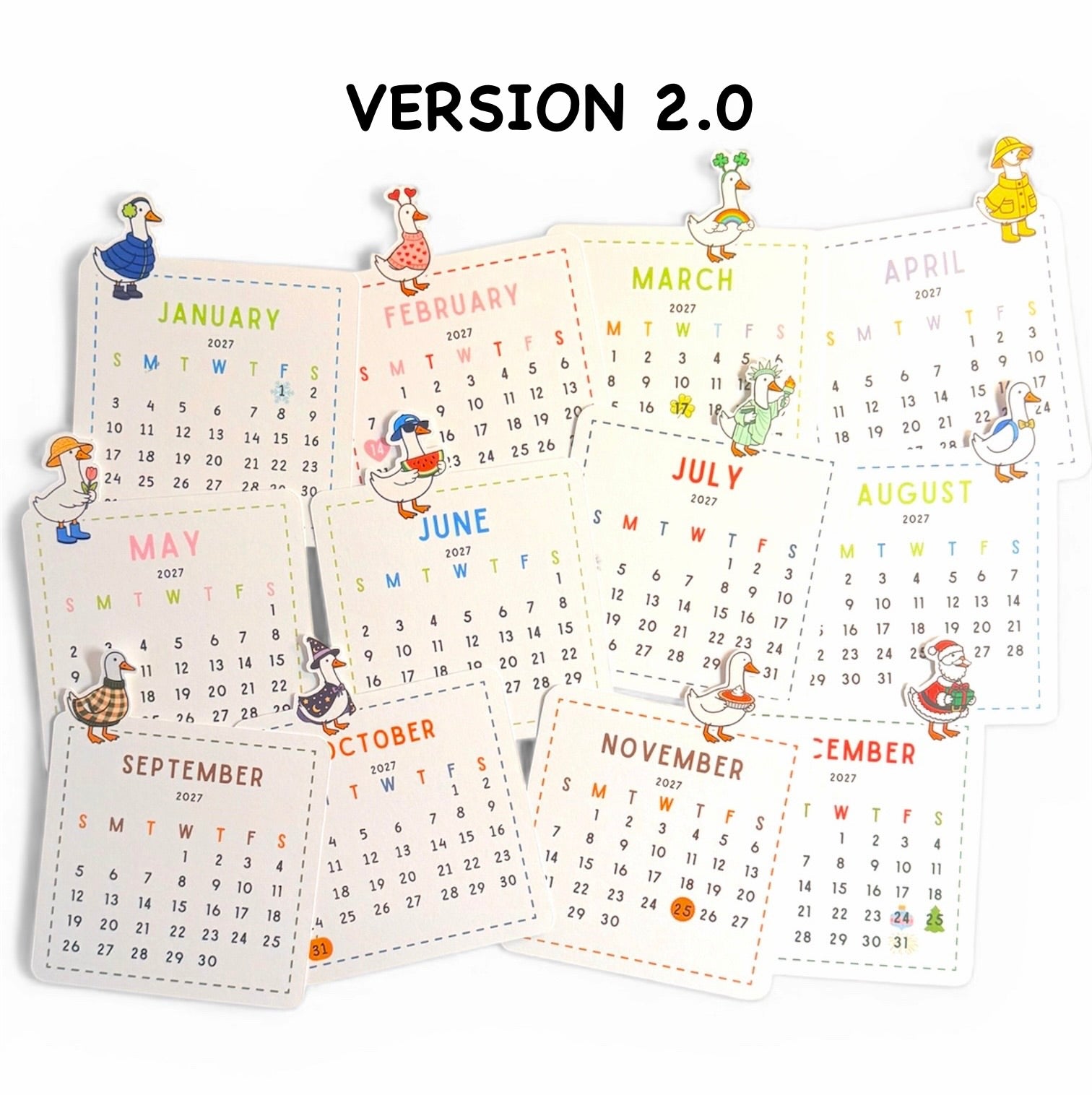 Calendar with cartoon characters for each month, labeled 'Version 2.0'.