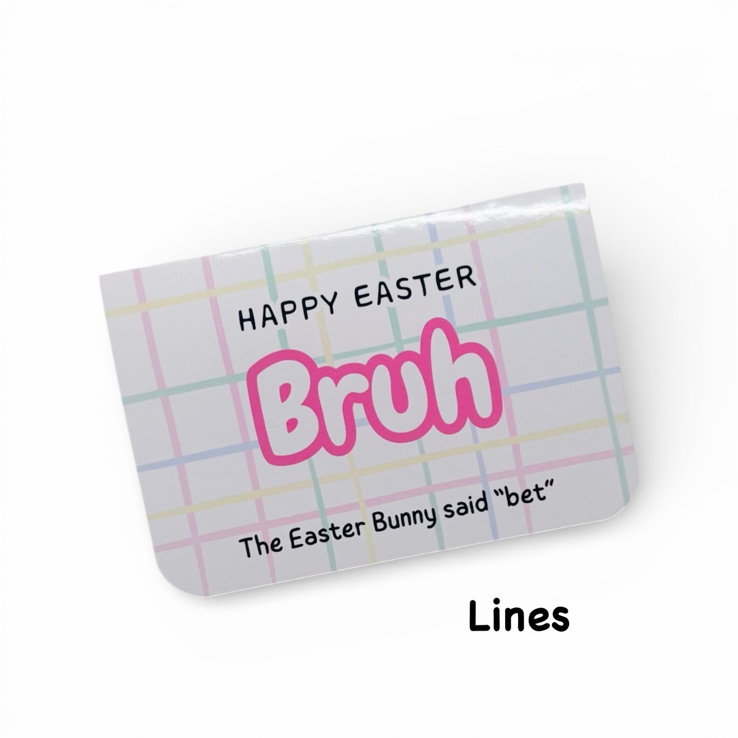 Easter-themed product with text on a plaid background