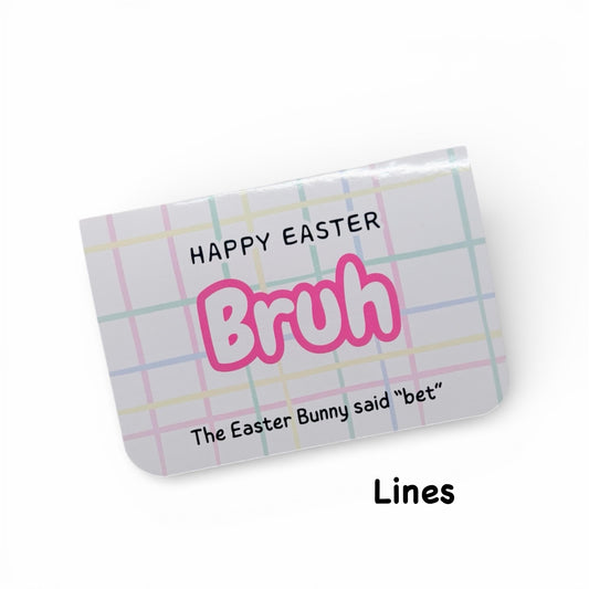 Easter-themed product with text on a plaid background