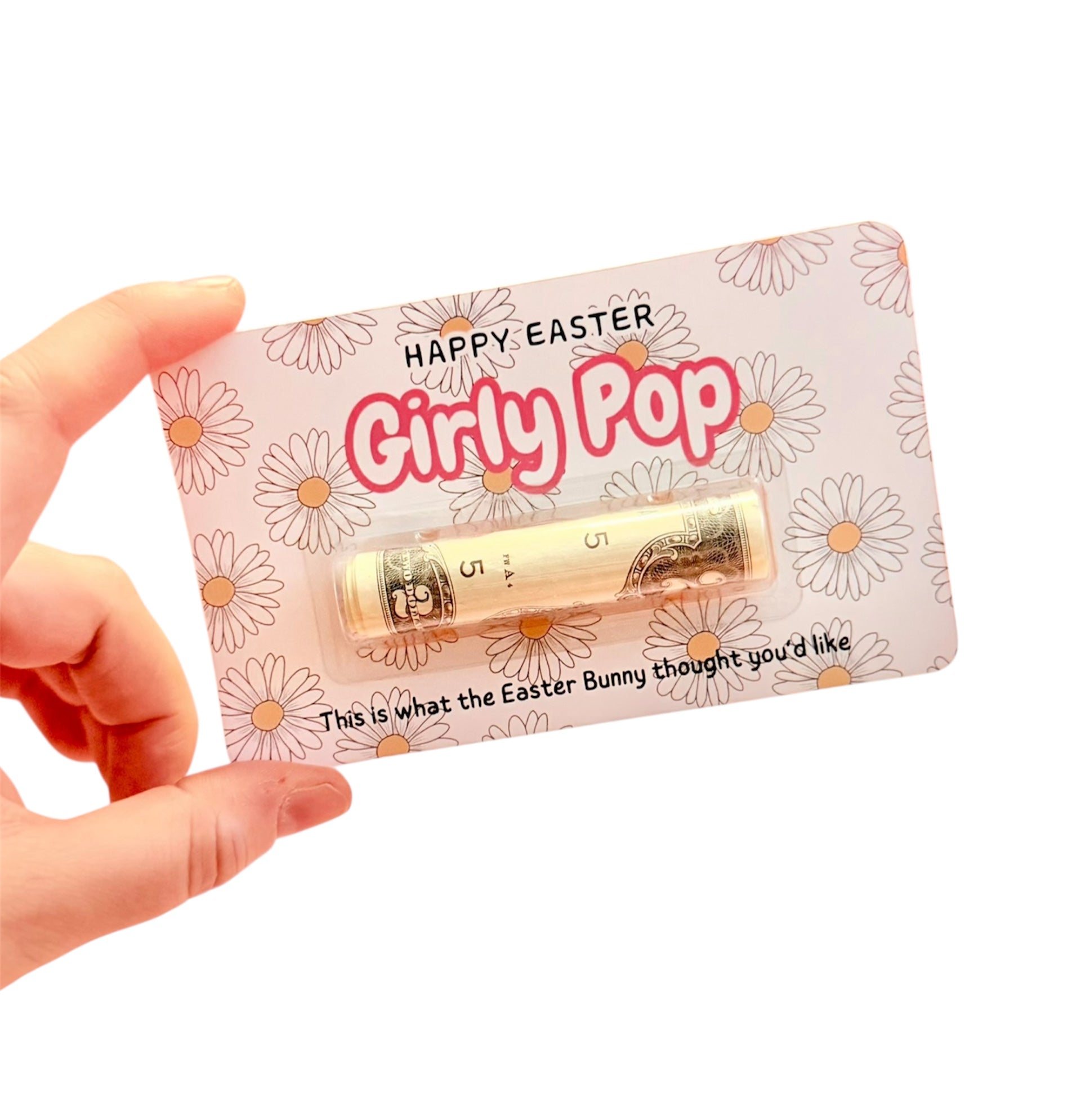 Hand holding a product with 'Happy Easter Girly Pop' packaging on a white background