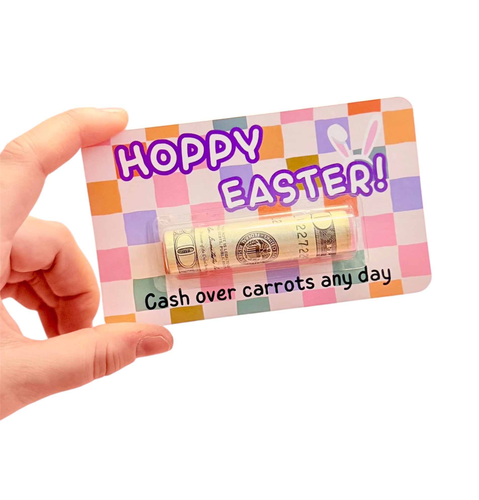 Colorful Easter-themed gift card with a rolled-up dollar bill and 'Happy Easter!' text.