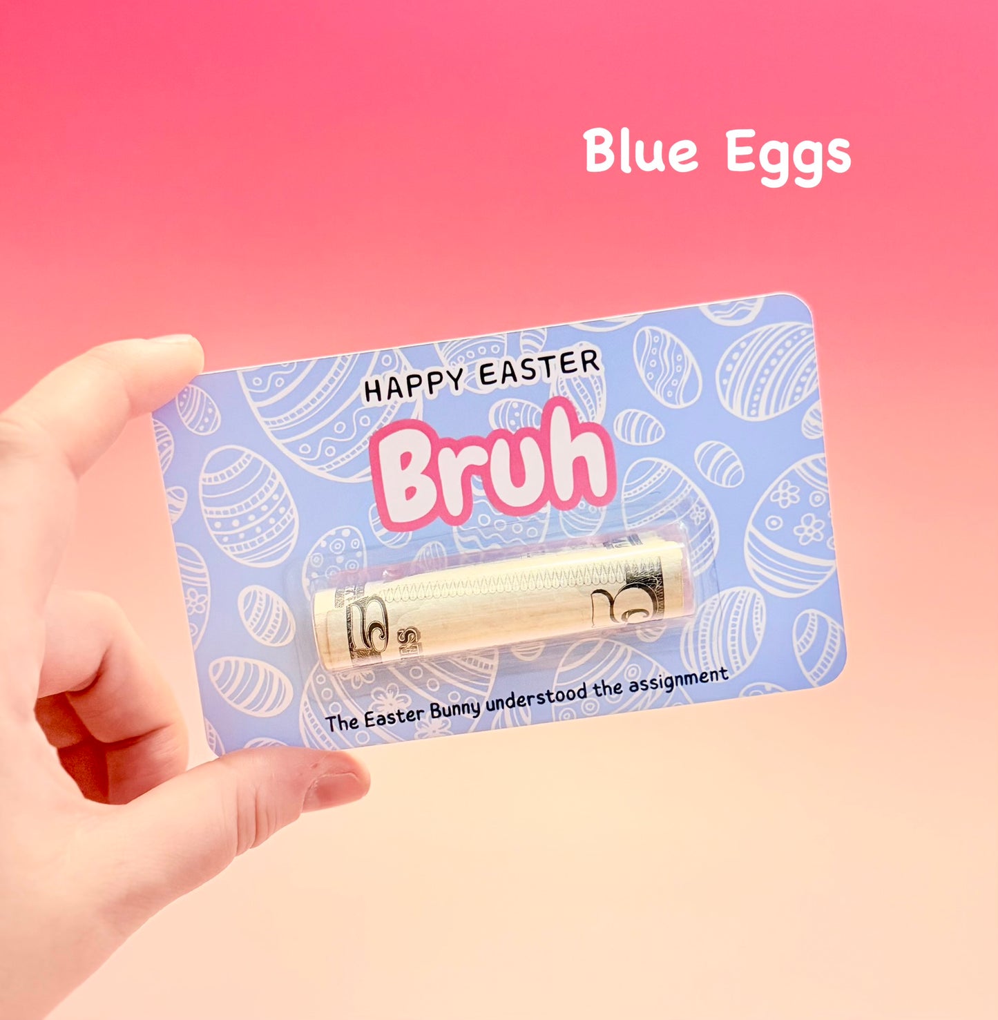 Card with blue eggs and 'Happy Easter Bruh' text on a pink background