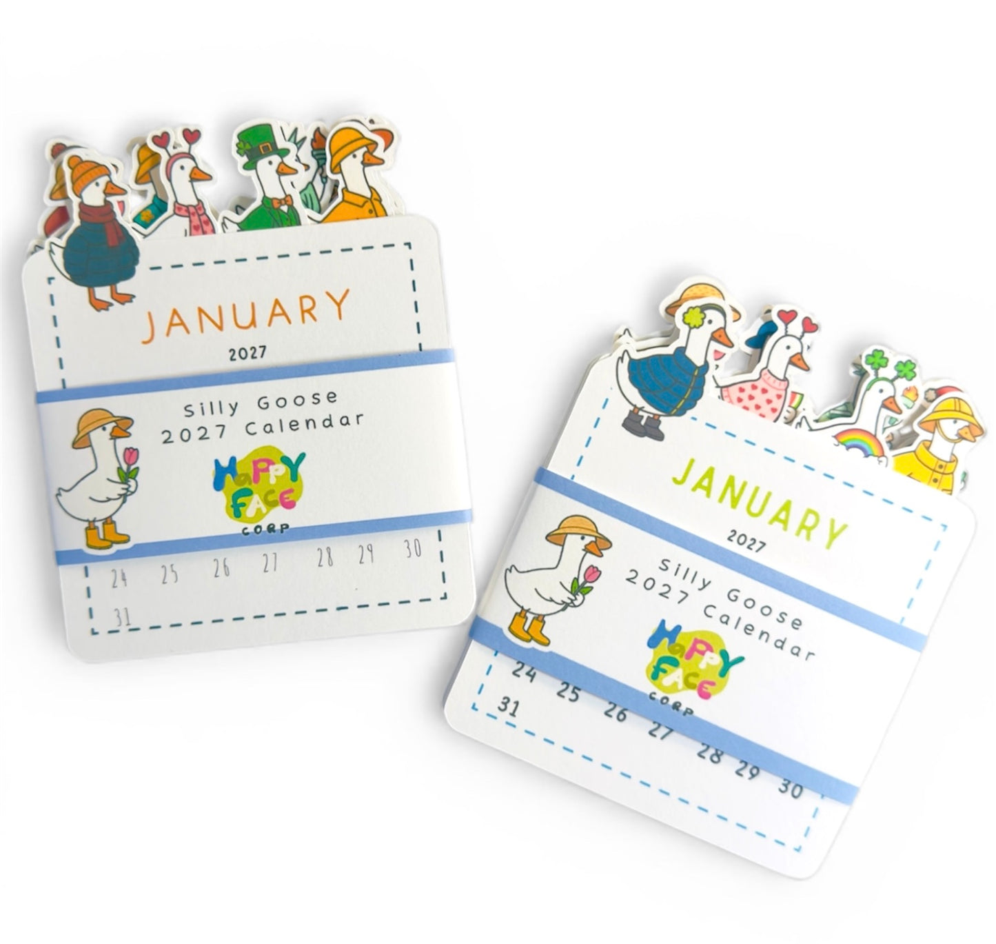 Two small calendars for January 2027 with cartoon geese design on a white background.