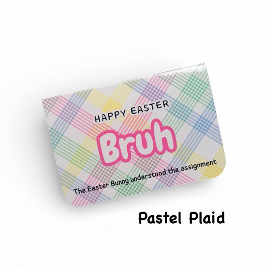 Pastel plaid pouch with 'Happy Easter Bruh' text on a white background