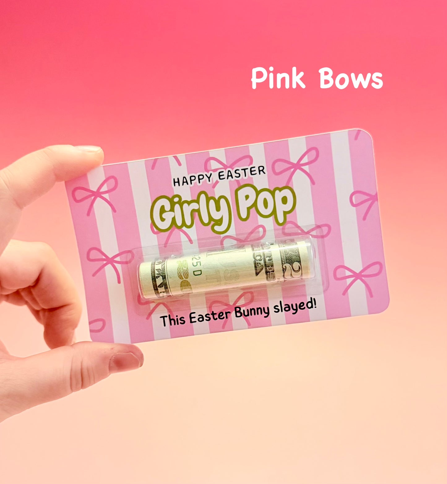 Product packaging with 'Happy Easter Girly Pop' text on a pink background